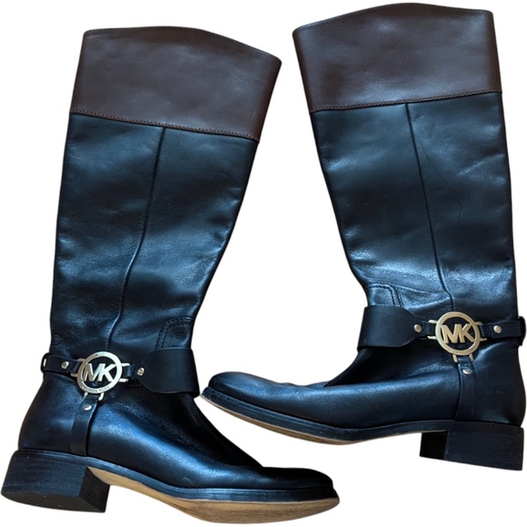 Michael Kors Leather Knee High Riding Boots Black Two Tone Side Zip Sz 6 ST14G - Picture 2 of 11